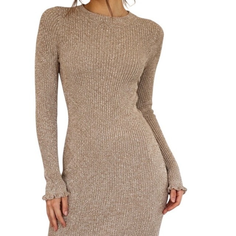 American‎ Eagle Ribbed Sweater Dress S Tall Beige Marl Long Sleeve Mini Bodycon